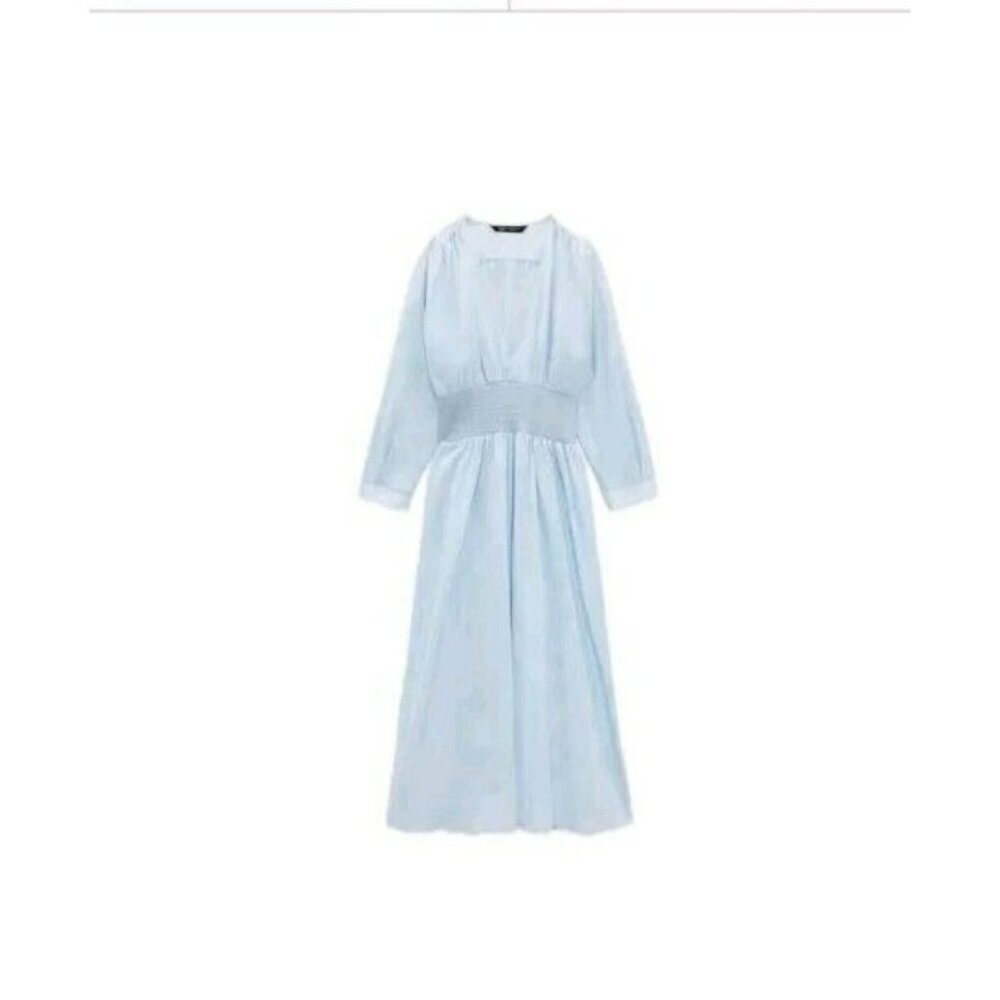 ZARA DRESS sz XS  Blue Light DRESS WITH ELASTIC WAIST 9878 099 Long Sleeve